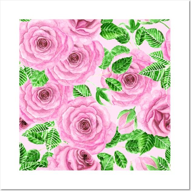 Pink watercolor roses with leaves and buds pattern Wall Art by katerinamk